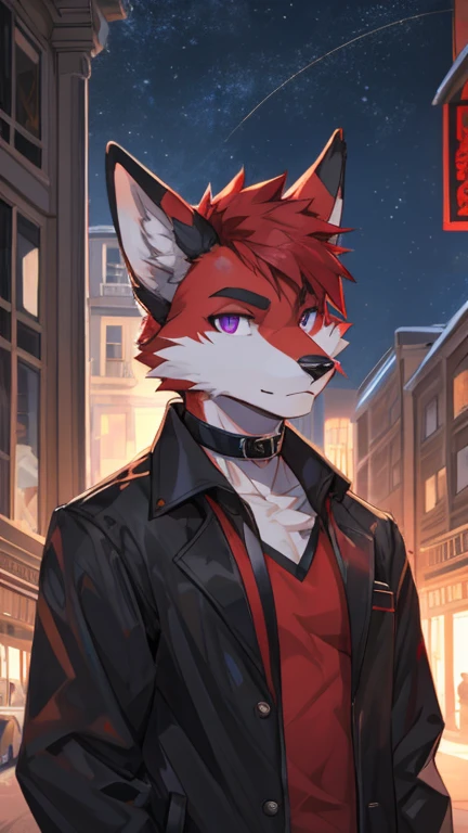 (Artist by zackary911, 8k, high quality, detailed eyes and fur, night, residents background), solo, male fox, anthro, red satured fur, red body, male body, purple eyes, black ears, red hair, short hair, hair cover eye, hands white, choker, eyeliner black, beige jacket, black shirt, y alone, without group, without doubles, full length, smiling, in the field