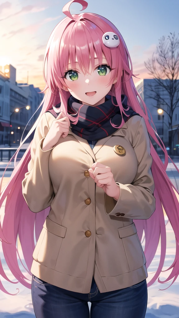 masterpiece, best quality, highres, aalala, long hair, ahoge, hair ornament, green eyes, breasts, winter clothes, scarf, park, outdoors