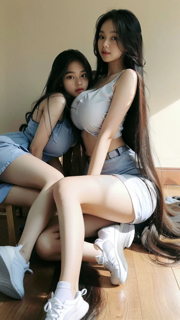 Masterpiece,((two Indonesian women)), detailed eyes, each women have Very Longhair,(( floor length hair)),(( front body covered by longhair)), longhair till floor, ((very thick hair)), ((the two women pulled each other's hair ny hand)),((huge boobs:1.2)),white shoes,wear long blue skirt,,on class room,table,chair,white board, bright sunlight from side 