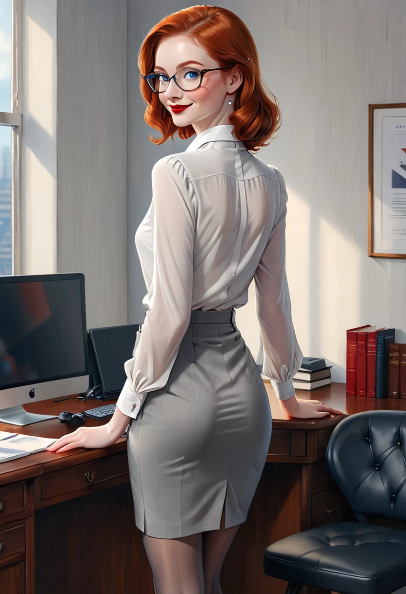 (back view, full body:1.4),((ultra realistic illustration:1.3)), Tall, slender ((redhead:1.2)) woman of Irish descent. (pale:1.3)complexion. blue eyes, cute butt, nice legs. Kind eyes, cute (smile). eyeglasses, red lipstick, white blouse, gray pencil skirt, tan pantyhose, black stiletto heels. Law office. Masterpiece, (highly detailed:1.2),(detailed face and eyes:1.2), 8k wallpaper, cinematic lighting. core shadows, high contrast, bokeh.