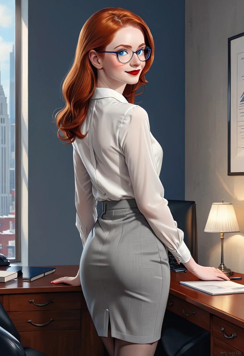 (back view, full body:1.4),((ultra realistic illustration:1.3)), Tall, slender ((redhead:1.2)) woman of Irish descent. (pale:1.3)complexion. blue eyes, cute butt, nice legs. Kind eyes, cute (smile). eyeglasses, red lipstick, white blouse, gray pencil skirt, tan pantyhose, black stiletto heels. Law office. Masterpiece, (highly detailed:1.2),(detailed face and eyes:1.2), 8k wallpaper, cinematic lighting. core shadows, high contrast, bokeh.