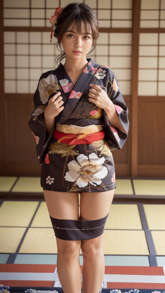 Female ninja wearing short kimono wearing fishnet with bare feet and toes exposed with boob cleavage showing 