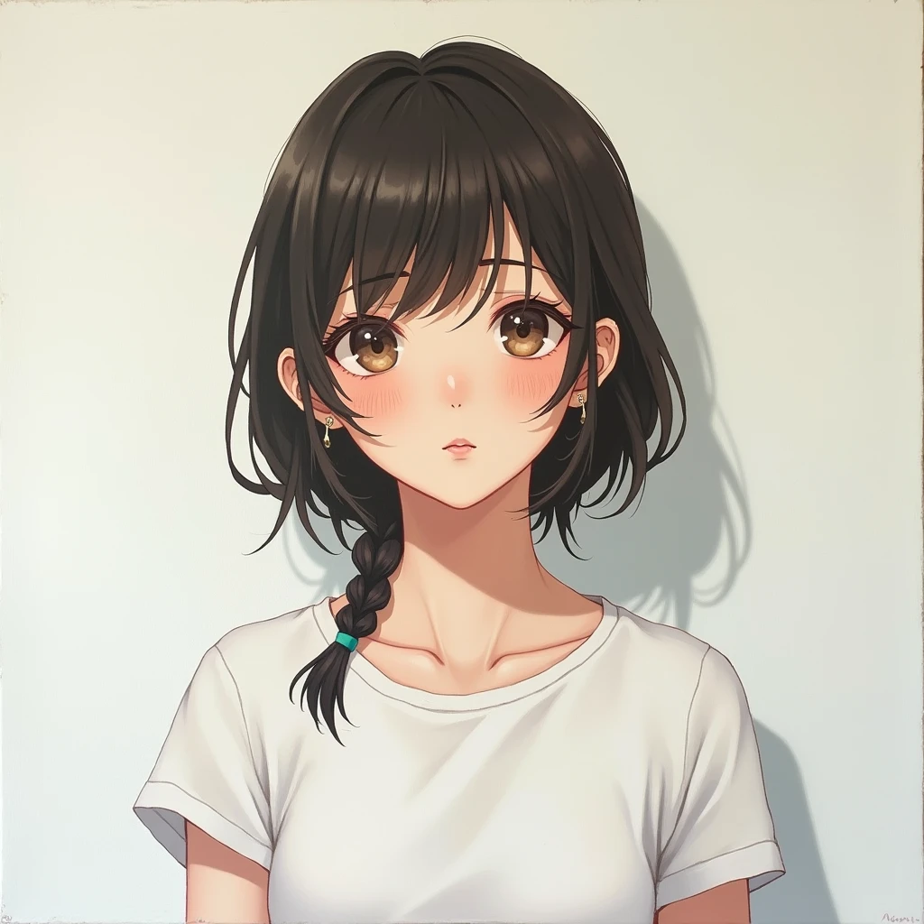 Pale beautiful young woman、Interesting and beautiful、Slim and angular face、Pointy chin、Feminine and big eyes、Real、Very detailed、Large and emphasized breasts、contrast、Textured skin、 Cold skin pores、Perfect Face、blush、Tall small nose、Tear Mole、45 degree angle、Long, shiny black hair、Light brown eyes、Sweet perfume、A sense of dynamism、Thrilling、Soft breasts、Tank top、Glossy clothing