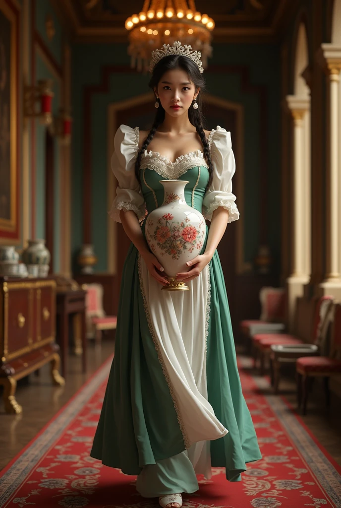 a beautiful young maid with massive breasts holding an extremely expensive vase, She is carrying the vase with great care, sexy maid outfit, luxurious interior, intricate detailed floral vase, high ceilinged room, dramatic chiaroscuro lighting, ornate furniture, (best quality,4k,8k,highres,masterpiece:1.2),ultra-detailed,(realistic,photorealistic,photo-realistic:1.37),extremely detailed maid, beautiful detailed eyes, beautiful detailed lips, extremely detailed face and features, long eyelashes, porcelain skin, sexy thighs, graceful pose, opulent room, ornate decorations, warm color tones, dramatic lighting, Renaissance style