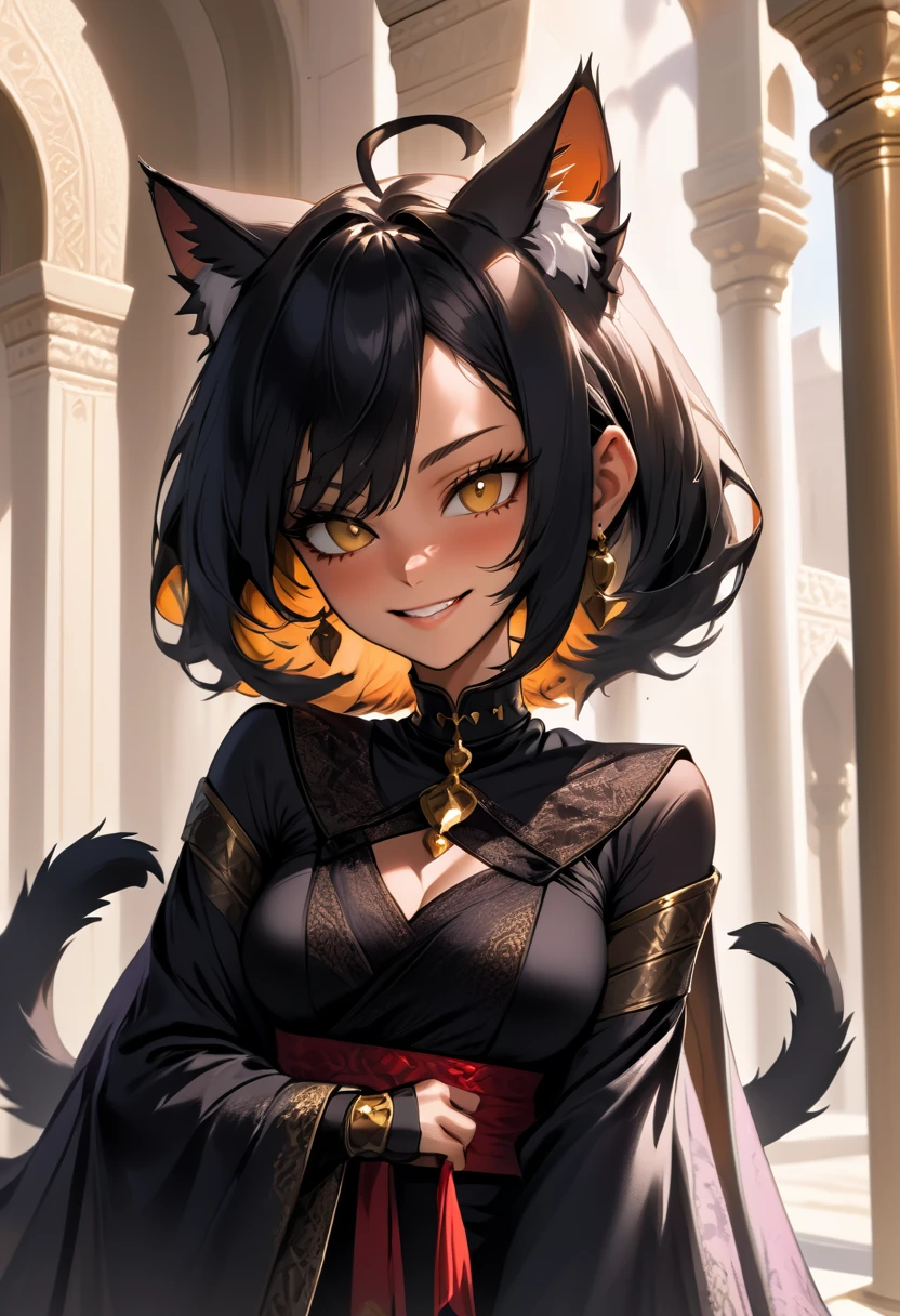 Beautiful gato anime character, sleek black cat ears, captivating golden eyes, slender body with muscular build, wearing a fitted red and white sailor suit, sitting in a serene environment, previous sunlight filtering through, dreamlike atmosphere, ultra-detailed, realistis, 4K, HDR, clean lines, realistic rendering, expressive face with a slight smile, vivid colors, sharp focus, physically-based rendering, realistic fur texture.