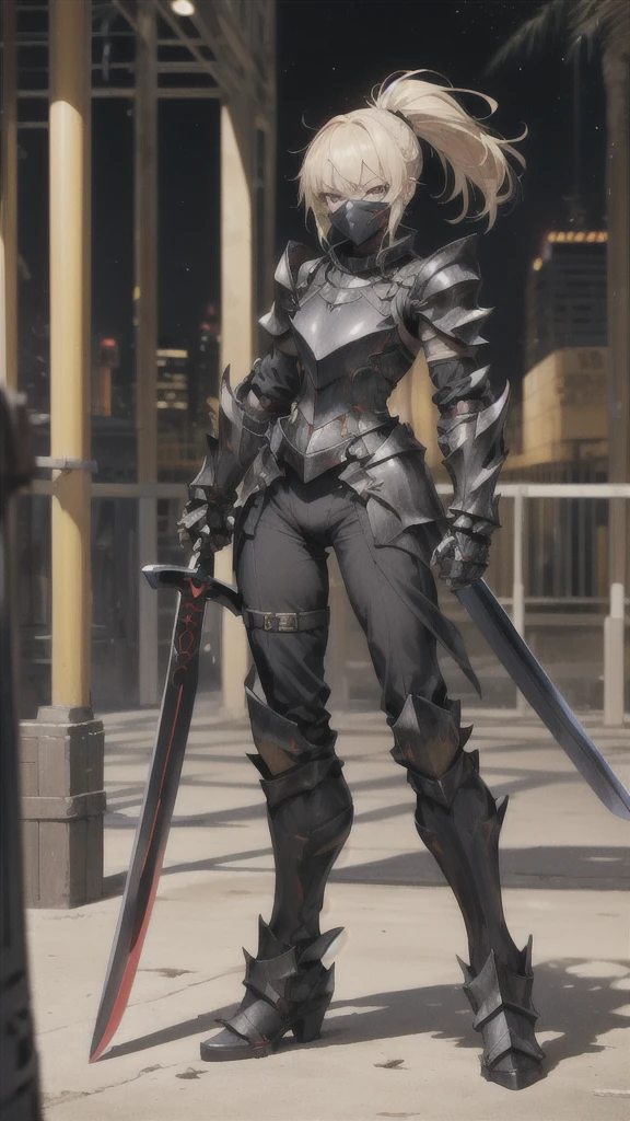 Beautiful blonde with short ponytail，Armor Mask，Chest，black tights，Pitch black sci-fi armor，Black Gauntlets，Thin legs，Jet black iron boots，Standing，cross sword，maze，