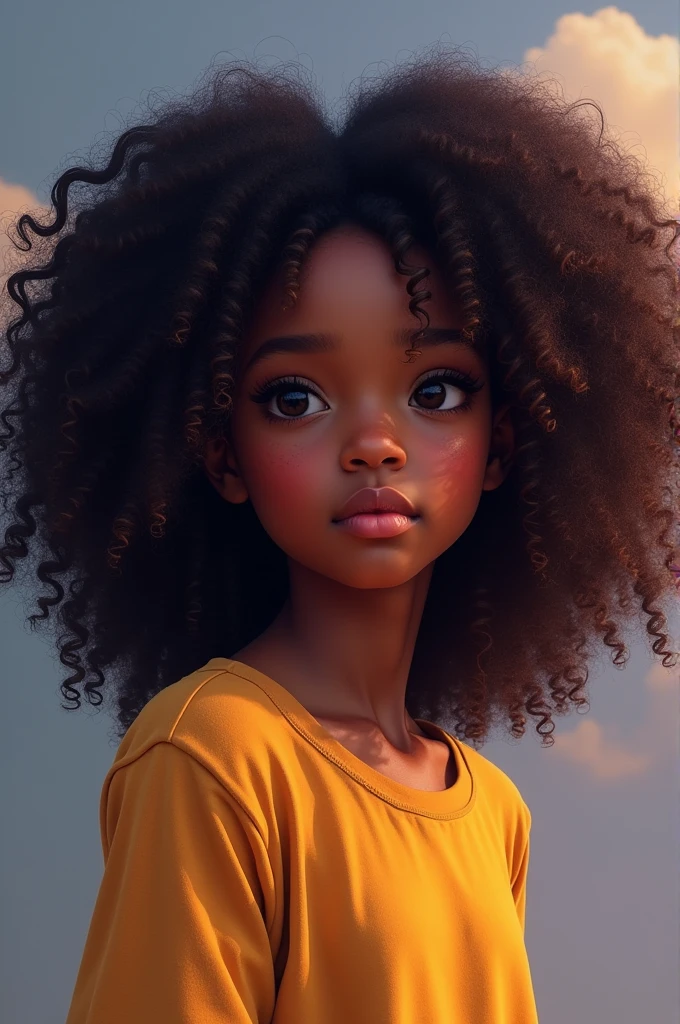 dark brown skin girl,16 years old, huge gorgeous afro hair and big eyes, wearing a yellow dress and a yellow, soft expression. semi realistic. flat figure