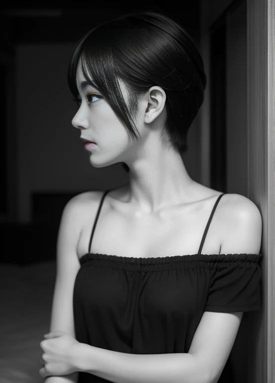 a black and white photo,, (monochrome:1.5),shot from front,short hair woman, profile of anime girl, 4K, portrait of a japanese teen, BREAK,pale light blue eyes, taken with a canon eos 5 d,