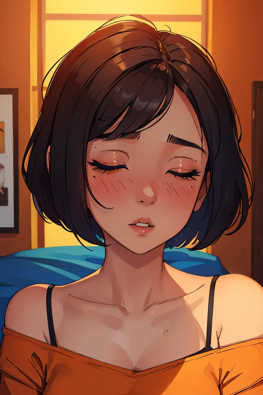 Full color 8K,lying on one's back in bed,Close-up of female doctor's face,black hair,short cut hair,(kiss the camera:1.2),(close-up of face:1.3),beautiful face,red face,sweaty,Gunami,Wearing a white coat,black bra,open mouth