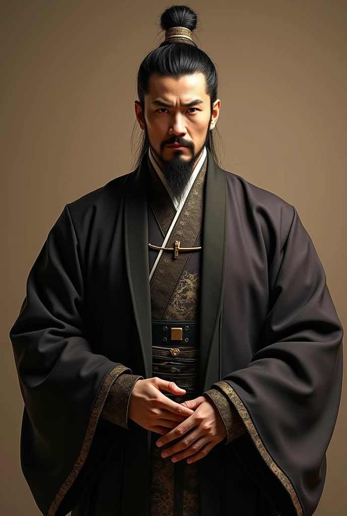 oriental、a adult man wearing ancient Chinese clothes: A black, long, layered robe, Han Tang Song Ming headdress, Eastern Han dynasty hairstyle, three kingdoms、Black clothes、long beard, mustache, inspired by caocao, top-quality、masterpiece、超A high resolution、(Photorealsitic:1.4), looking at viewer, male focus, realistic
