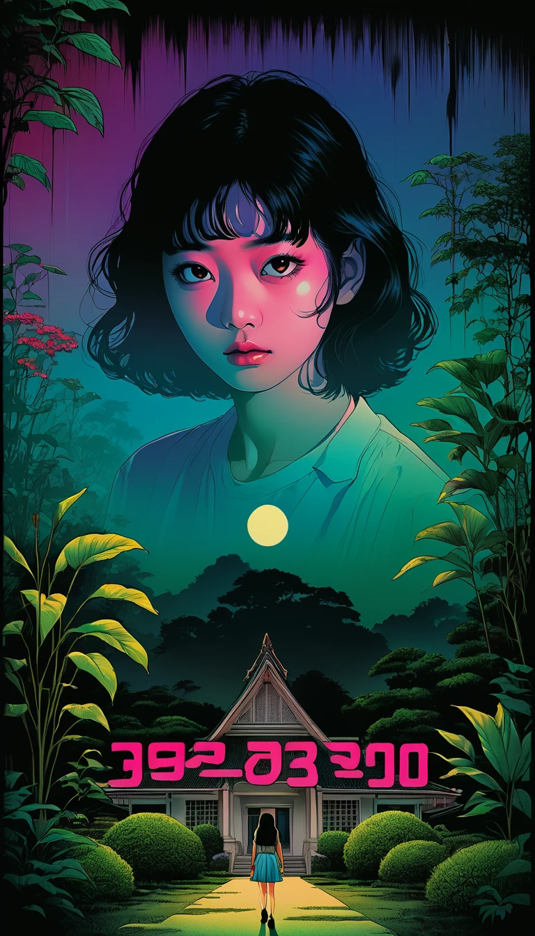 An illustration、art、80s Thai horror movie poster, Supervised by Junji Ito、(high school student:1.0)、Private house、garden、Attention to detail, Realistic Shadows、Analog Style, chromatic aberration, Surrealism、Complementary Gradient