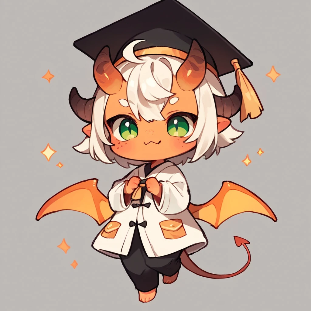 score_9, score_8_up, score_7_up, score_6_up, score_5_up, score_4_up, source_anime, chibi, devil, green eyes, orange skin, horns, orange wings, white class robe with graduation hat
