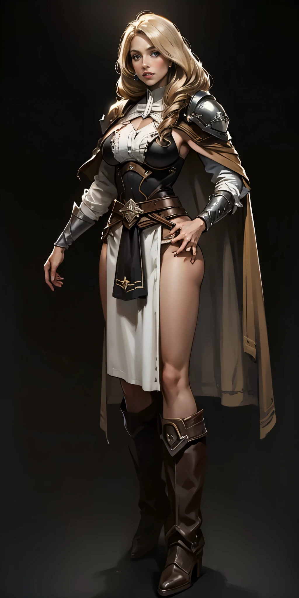 (masterpiece, best quality) (black background) full body standind straight symmetrical, FEMALE warrior princess Mercedez Von Martritz, twin big belt around waist, long curly blonde hair, very white skin, female wearing full body bikini armor with red cape, brown leather boots, adventurer outfit, veteran warrior milf bimbo