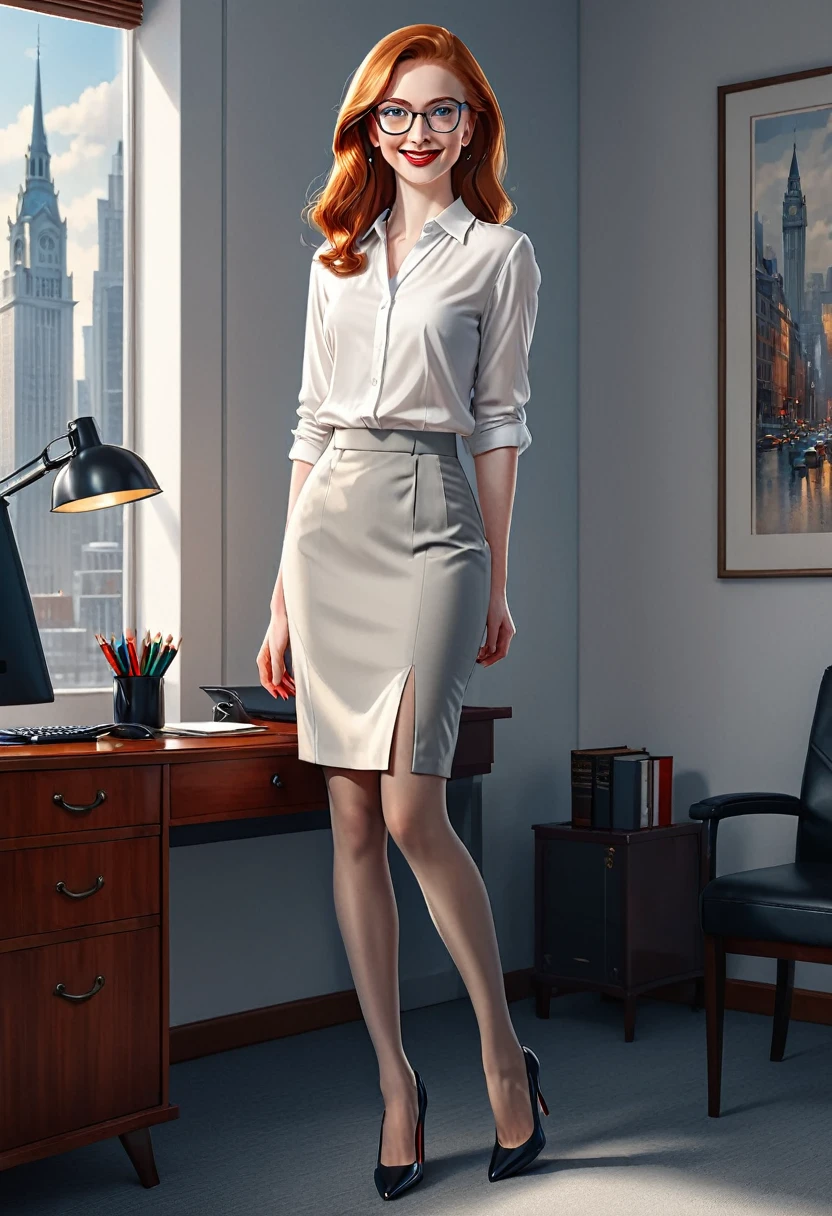 ((ultra realistic illustration:1.3)), Tall, slender ((redhead:1.2)) woman of Irish descent. (pale:1.3)complexion. blue eyes, cute butt, nice legs. Kind eyes, cute (smile). eyeglasses, red lipstick, white blouse, gray pencil skirt, tan pantyhose, black stiletto heels. Law office. Masterpiece, (highly detailed:1.2),(detailed face and eyes:1.2), 8k wallpaper, cinematic lighting. core shadows, high contrast, bokeh.