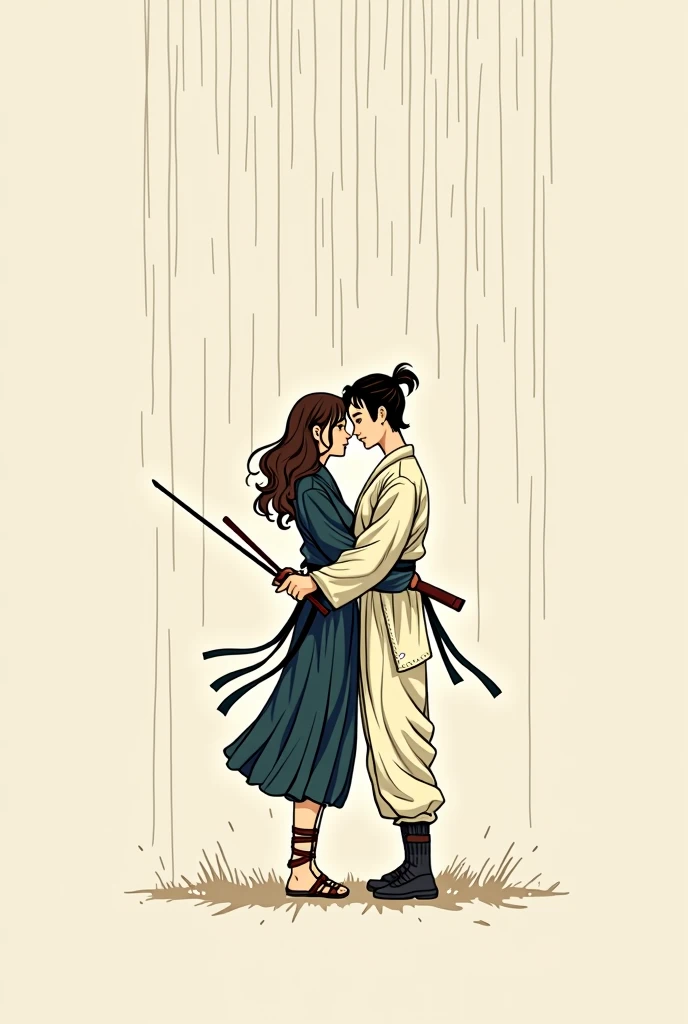 Straight couple jiu-jitsu fighters 17 year old wavy-haired girl with dark red hair with jiu-jitsu kiu-gi and light brown eyes 18 year old boy with brown hair medium size jiu-jitsu gi