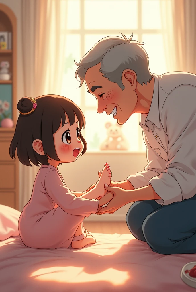 A warm and nostalgic Studio Ghibli scene showing a family with two daughters and a son. The parents, looking tired but loving, focus all their attention on their youngest daughter, Sofia, who is sitting in the center surrounded by the best, such as gifts and medical treatments. In the background, a girl and a , a little forgotten, observe the scene with a gentle smile, feeling distant but receptive. The atmosphere is cozy, with soft lighting, giving a feeling of bittersweet warmth.