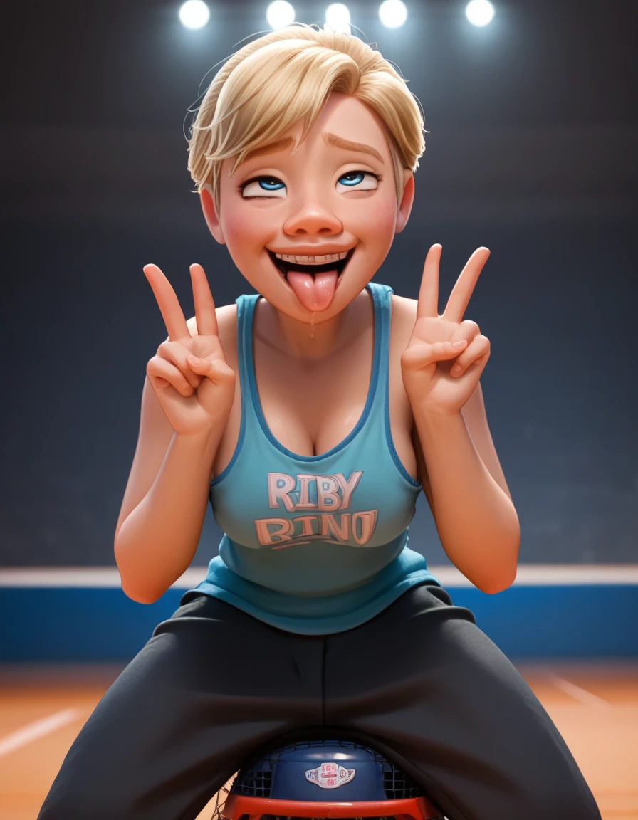 Riley Andersen, 1 girl, hair blonde, blue eyes, ahegao, peace sign, raised breasts, breasts small, Hockey tank top, coxas nuas, sitting down, 正面, 1 girl, standing alone, , salient smile, gazing at viewer, hands crossed, ((比基尼)), all-body, post photos, best quality, no flaws