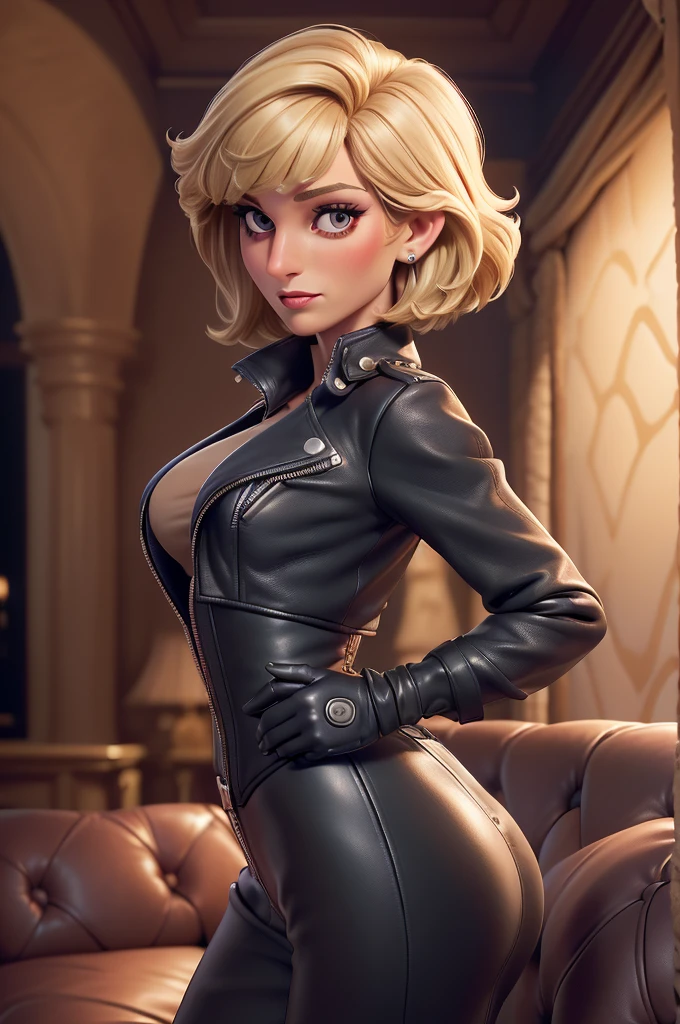 obra prima, melhor qualidade, ((only one woman,)) (((princess diana, dark tan skin, skinny face, high cheekbones, prominent beak nose, heavy vamp makeup eye shadow, short blonde bob hair with bangs,))) ((wearing thigh length black metallic leather jacket,)) ((jacket is zipped up, jacket covers waist and ass,)) ((jacket has stiff high collar,)) ((leather dress,)) (leather gloves,) body is very skinny, (((behind couch,))) ((wiggle hips, her arms are folded, her back is arched, her shoulders lean way back, head tilted way back,)) ((camera front view of body, extreme closeup view of upper body,)) deep depth of field, highres, HD, 8k, anatomically correct