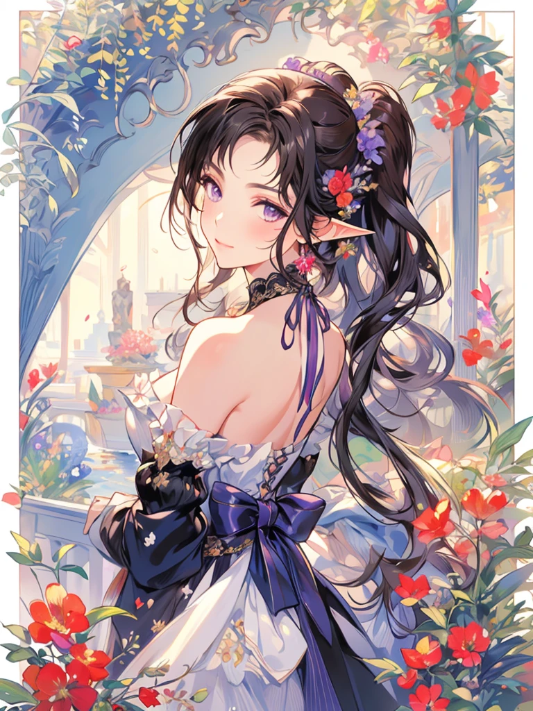 masterpiece, Highest quality, One girl, Super detailed, Ultra-high resolution, Distinct facial features, Anatomically correct, pretty girl, Long pointy ears, Fairy, Nice face,Black Hair, Purple Eyes, Impressionism, Swimwear, Renoir, Flower garden