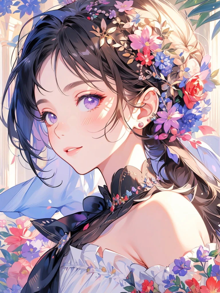 masterpiece, Highest quality, One girl, Super detailed, Ultra-high resolution, Distinct facial features, Anatomically correct, pretty girl, Long pointy ears, Fairy, Nice face,Black Hair, Purple Eyes, Impressionism, Swimwear, Renoir, Flower garden