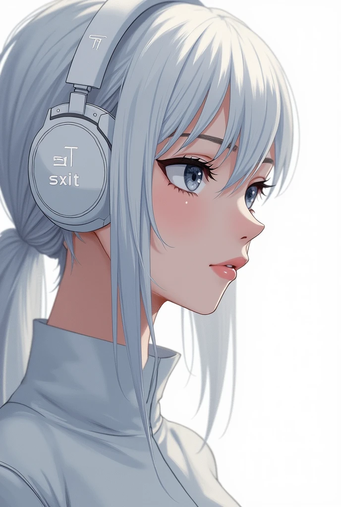 Anime girl wearing headphones looking into the distance, up of young anime girl, Wear white headphones,An anime girl,Anime girl, a beautiful anime portrait, High Quality Anime Art Style, Beautiful anime girl,White background, Black eyes, Shed tears