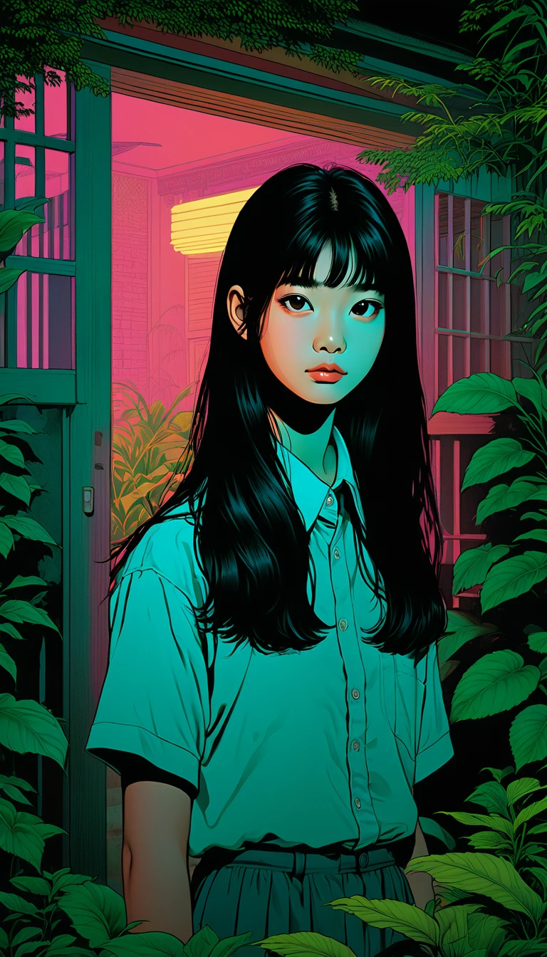 An illustration、art、80s Thai horror movie poster, Supervised by Junji Ito、(high school student:1.0)、Private house、garden、Attention to detail, Realistic Shadows、Analog Style, chromatic aberration, Surrealism、Complementary Gradient