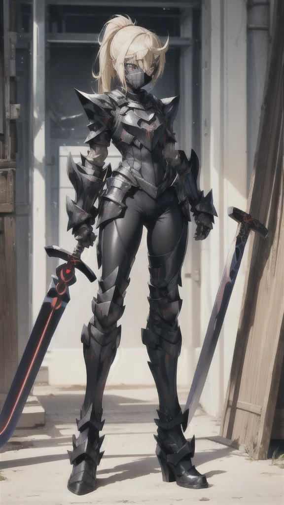 Beautiful blonde with short ponytail，Metal eye mask，Chest，black tights，Pitch black sci-fi armor，Black Gauntlets，Thin legs，Jet black iron boots，Standing，cross sword，maze，