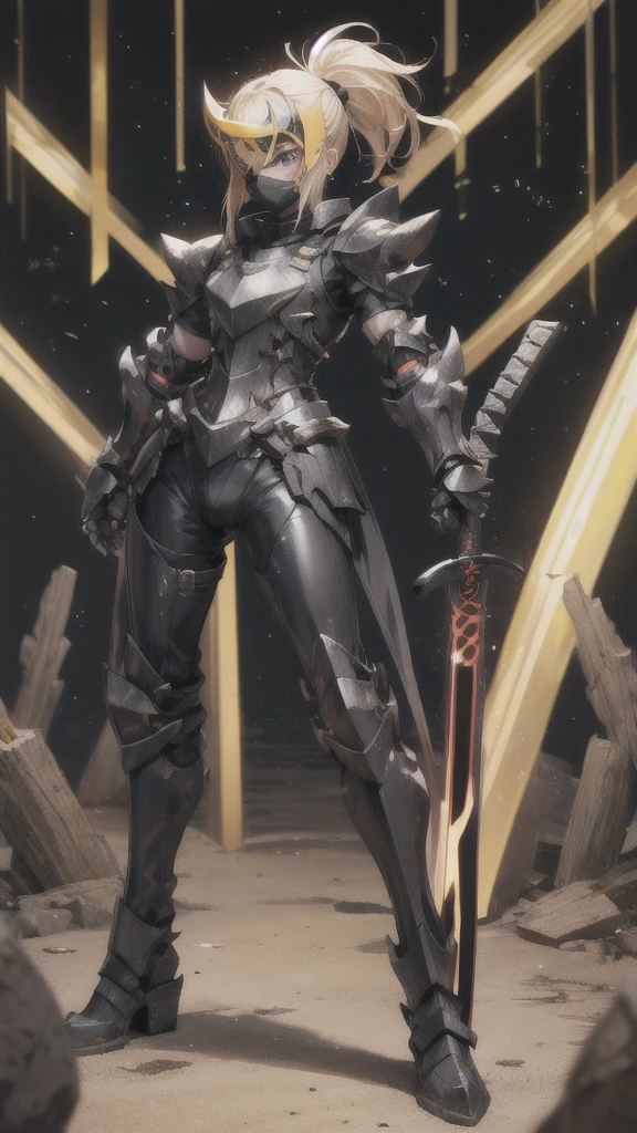 Beautiful blonde with short ponytail，Metal eye mask，Big ，black tights，Pitch black sci-fi armor，Black Gauntlets，Thin legs，Jet black iron boots，Standing，cross sword，maze，