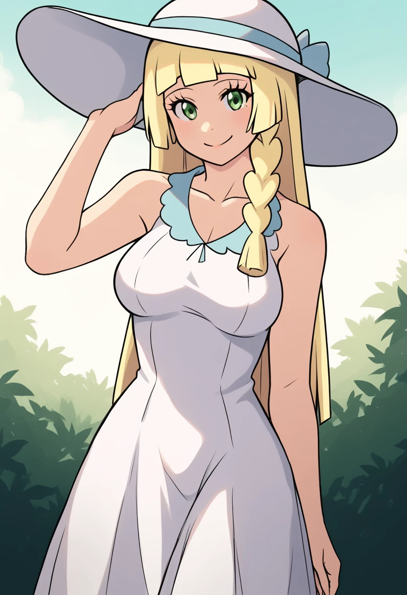 score_9, score_8_up, score_8, medium breasts, (curvy), cute, eyelashes,       BREAK, , BREAK, zzlillie, long hair, braid, sun hat, white headwear, collarbone, sleeveless dress, white dress, BREAK,  smile, looking at viewer, cowboy shot,  embedding:zPDXL, Expressiveh, 