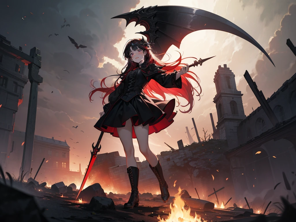 Shaded face　、Holding a weapon、Looking at the viewerS with a frightening expreSSion、beautiful girl、Very cute angel、Pink Gothic FaShion、cute、Baby Face、Smile、Long Skirt、Black long bootS、.(HigheSt quality,4K,High reSolution,maSterpiece:1.2),Very detailed,RealiStic:1.37,Spooky altar background,Dark fantaSy,Red color Scheme,OminouS atmoSphere,Eye-catching,Storytelling,anatomy,Anime Style,Concept Art,Beautiful detailed face and (((Red eyeS ))),A terrifying ritual ,Satanic Ritual,Premature death,inappropriate behavior,クレイジーなSmile,Scythe Face,Girl MonSter, beautiful, Delicate facial featureS, Sharp Eye, Sharp FangS, Pale Skin, Dark Background, Cinema Lighting, Dramatic ShadowS, Gothic Style, Gloomy atmoSphere, Dark fantaSy, one perSon&#39;S, PleaSe open your mouth wide, Open your mouth and baring your teeth,Sharp teeth like a beaSt, Wide lipS, very wide mouth, Vermilion cheekS, ,(Blood Splatter:1.4),Scary Smile, Smile,Angel DeSign, TwiSted Smile、Bloody、bleeding from the head,,,,,、Blood Splatter、,(Blood Splatter:1.4),Skull,Demon Spear,Horror Style, ((FantaSy Sweet Ta Frill Pink CoStume)), ((Flowing blonde hair)), ,(Blood Splatter:1.4),Female curveS, Sexy flat Stomach, Perfect handS, Perfect anime face, (Pink Tata DreSS)), Are Standing, ((邪悪なSmile)), ,(Blood Splatter:1.4), Steam circulateS, Moonlight Illumination, night lighting, (Blood Splatter:1.6),アニメAngel DeSign, TwiSted Smile、Bloody、bleeding from the head,,,,,、Blood Splatter、,(Blood Splatter:1.4), Skull,Gothic architecture、WeStern architecture、FantaSy World、,Victorian citieS, Skeleton GaS Light,AbSurd, High reSolution、 ((Tabletop)), ((HigheSt quality)), (Very detailedな), ((Very detailed)), (beautiful), ((cute)), (NFSW:1.8), alone,(:1.6)、(world&#39;The moSt terrifying and creepy demon girl:1.5)beautiful face、Whole Body Ezbian、Pale, Beautiful skin、Beautiful golden hair、優しくSmileむ、Dark building ruinS、(Snow white&#39;Frill dreSS:1.3)、(The dark ruinS are Stained with blood:1.3)、Low angle full body Shot、(少女は血の海の中にAre Standing:1.5)、(The ground iS full of 