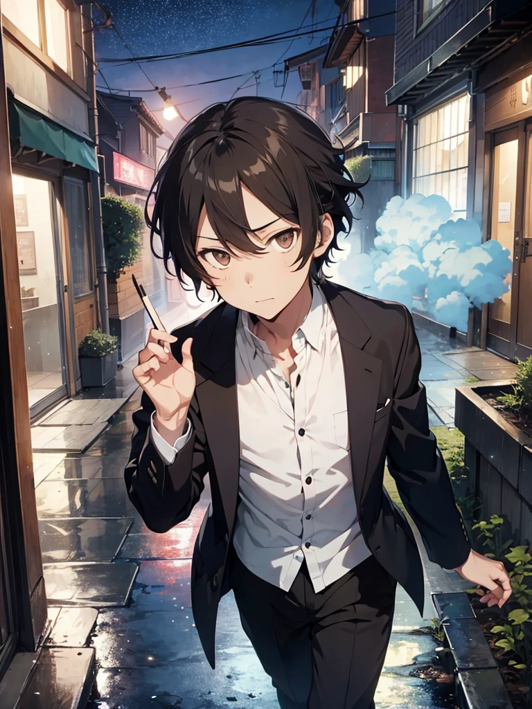 1boy, handsome, Osamu, Bungo Stray dogs, brown hair, a style outfit, night, rain, firefly, dark, smoke