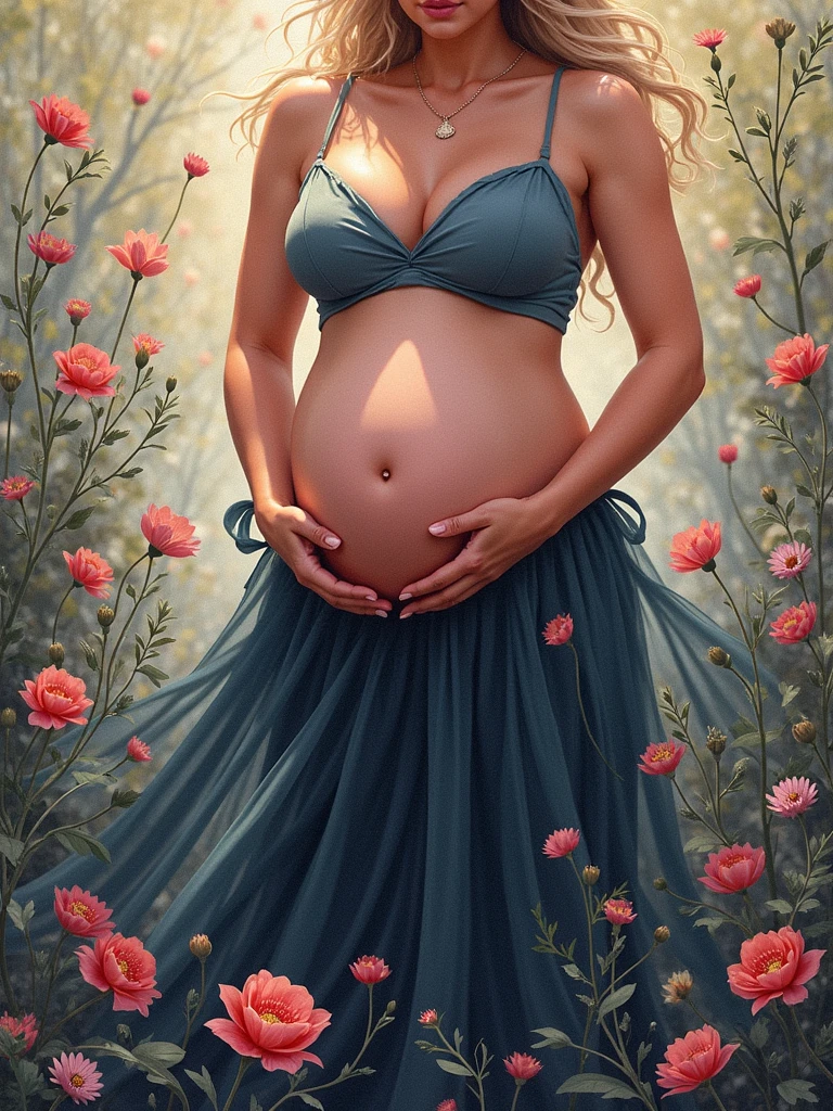 pregnant woman , flower background smoke 