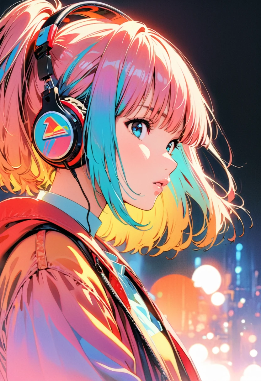 (Highest quality:1.2, City Pop Style, Very detailed, up to date, Vibrant, High Contrast, masterpiece:1.2, Highest quality, Best aesthetics), girl, ((Face Up Shot:1.4)), Colorful Hair, Bobcut, pastel colour, 1980s style, ((Retro, Vintage, Plain background))　（Headphones）