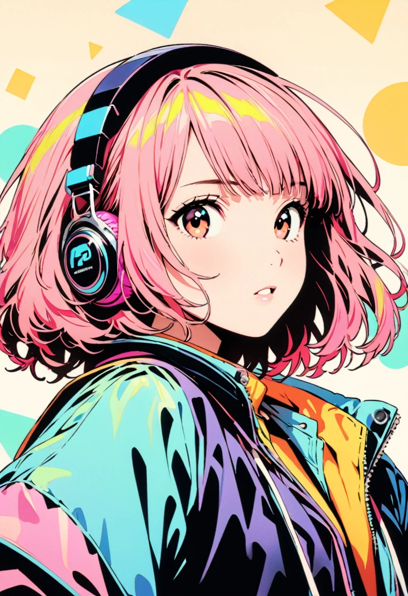 (Highest quality:1.2, City Pop Style, Very detailed, up to date, Vibrant, High Contrast, masterpiece:1.2, Highest quality, Best aesthetics), girl, ((Face Up Shot:1.4)), Colorful Hair, Bobcut, pastel colour, 1980s style, ((Retro, Vintage, Plain background))　（Headphones）