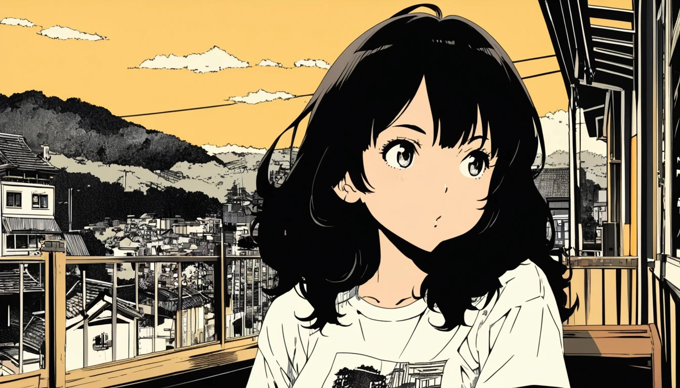 Extremely detailed 8K CG, Very detailed:1.3, Very delicate and detailed face:1.3, (Absurd, texture, masterpiece), Long hair,Pop Art, pixiv Contest Winner, by Posuka Demizu, Kyoto as background,Dynamic cartoon style illustrations,Over T-shirt,Drinking coffee at a cafe,Old folk house café