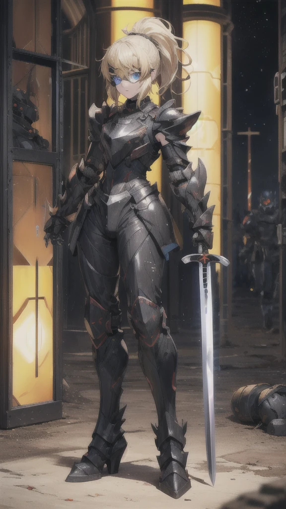 Beautiful blonde with short ponytail，helmet goggles，Big ，black tights，Pitch black sci-fi armor，Black Gauntlets，Thin legs，Jet black iron boots，Standing，cross sword，maze，