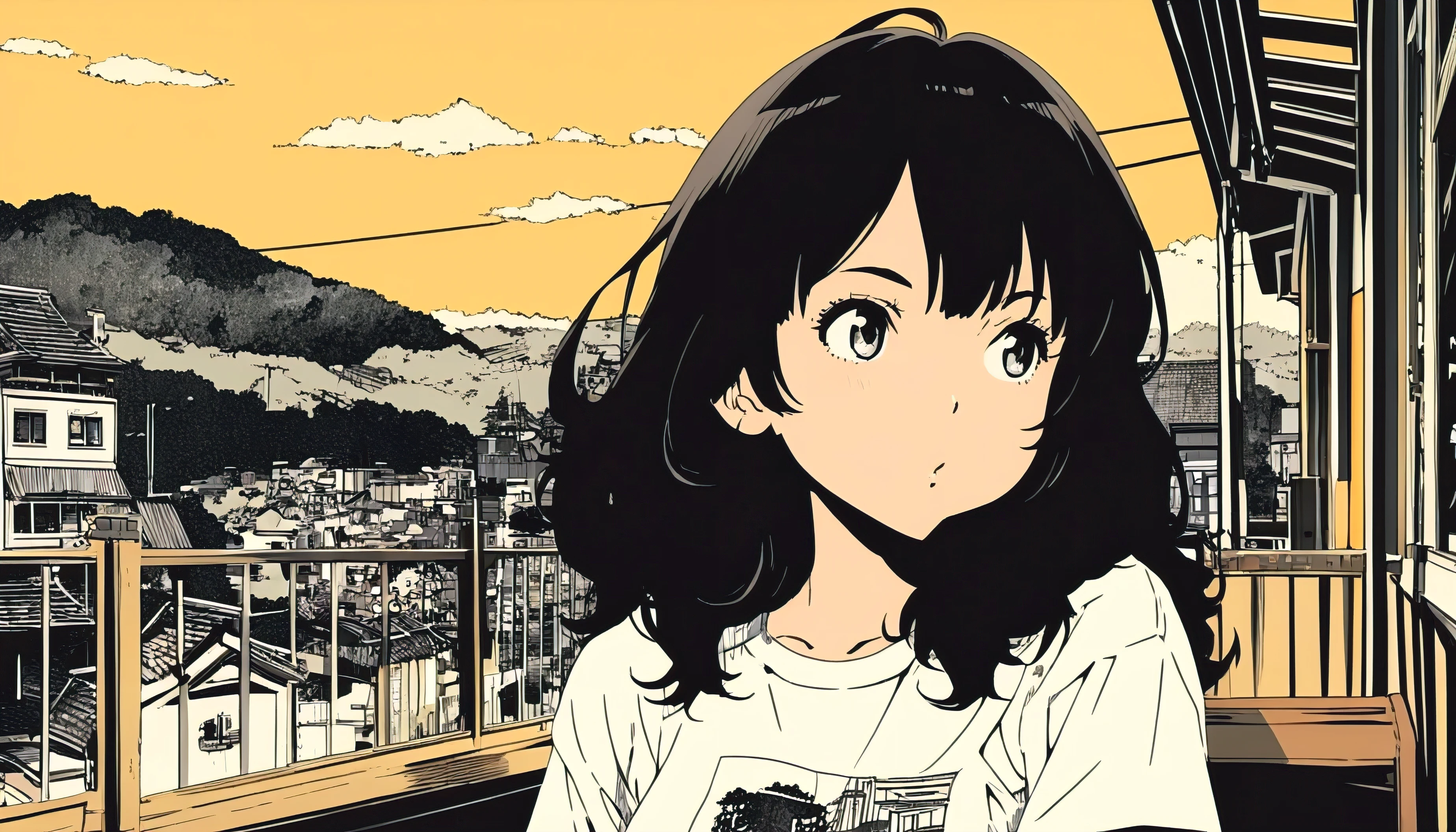 Extremely detailed 8K CG, Very detailed:1.3, Very delicate and detailed face:1.3, (Absurd, texture, masterpiece), Long hair,Pop Art, pixiv Contest Winner, by Posuka Demizu, Kyoto as background,Dynamic cartoon style illustrations,Over T-shirt,Drinking coffee at a cafe,Old folk house café