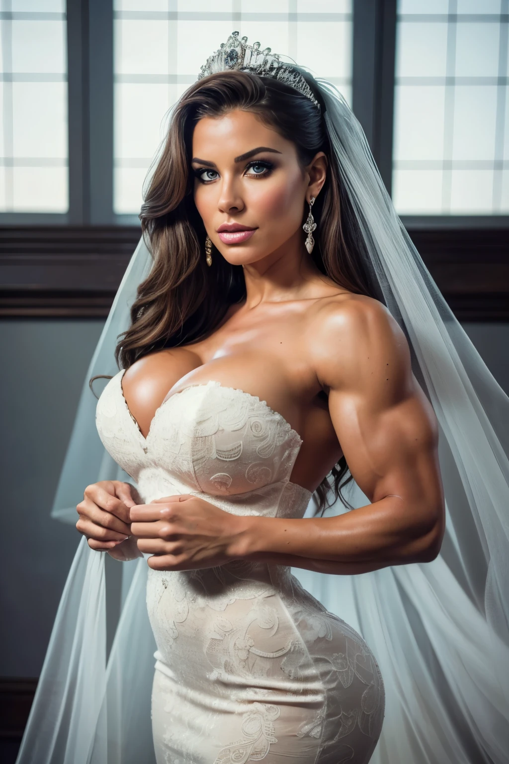 Imagen de cuerpo completo. a muscular bodybuilder woman, detailed face, beautiful detailed eyes, beautiful detailed lips, extremely detailed eyes and face, longeyelashes, 1girl, 80s style, large breast, wearing a short strapless wedding dress, sweetheart neckline, princess tiara, estilo revista catálogo de vestidos de novia de los 80s, (best quality,4k,8k,highres,masterpiece:1.2),ultra-detailed,(realistic,photorealistic,photo-realistic:1.37),HDR,UHD,studio lighting,ultra-fine painting,sharp focus,physically-based rendering,extreme detail description,professional,vivid colors,bokeh,portraits,fashion. Disparo desde arriba.