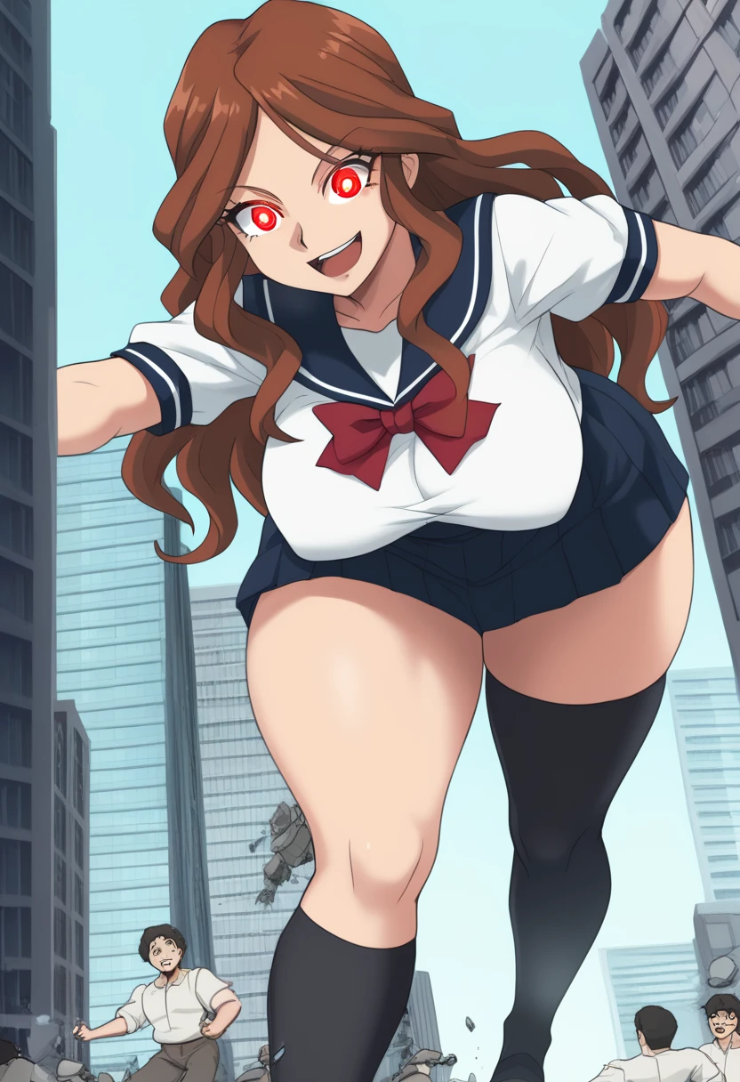 ultra-detailed, detailed face, detailed eyes, retro anime style, cartoon style, front view, dynamic effect, dynamic shot, 

athletic curvy physique, inverted body type, attractive feminine curves, big breasts, curvy legs and arms, feminine curvy figure, (thick thighs, thick calves, thick voluptuous legs, big curvy hip, bare knees), ((style of plump voluptuous body)), 

over-the-calf socks, navy track short, white sailor uniform, white short-sleeved sailor shirt, 
brown wavy long hair, (red glowing eyes), 

1 beautiful giant girl, looking down with gallant smile, (running with destroying buildings, moving forward between buildings, leaning forward, stepping forward, put one foot forward, put one knee forward, put one leg forward, chasing small people around her feet), rampage, destroying city, destroying buildings, corrupted buildings, running with rolling rubble dust up, crushing building with her hand, crushing one small man with her foot, scattered rubble around her steps, towering, overwhelming, terrible, 

building size, raimon_natsumi, gesugao, 