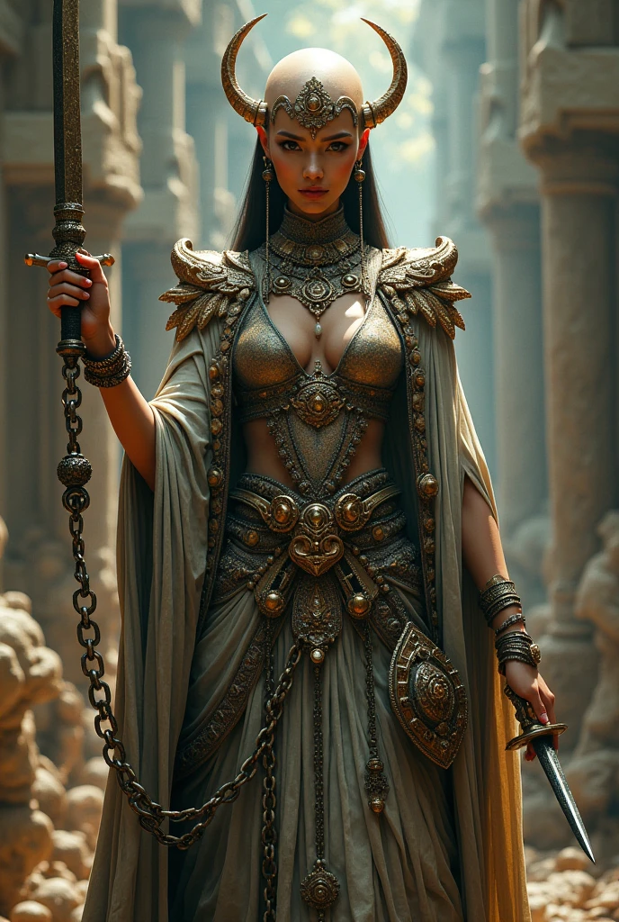 masterpiece,(best quality, ultra-detailed, (hyperrealistic), (highly detailed CG illustration), cinematic light, photorealistic ,extremely beautiful young lady, light makeup, big breast, intricate detailed eaba, silver cape, twinblade