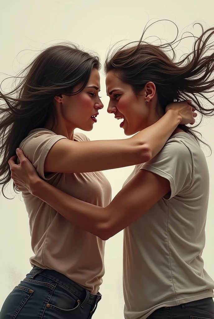 Woman in red dress with brown hair and brown eyes punching a black-haired woman in the nose