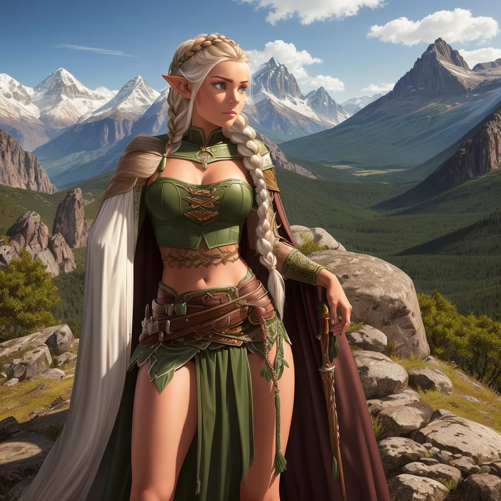 FULL BODY, perfect face, pretty face, elf, 1girl, gritty, mountains, front braid, side braid, white hair, green eyes, brown leather armor, bare arms, (bare stomach),  (bare pelvis) , short cloak,