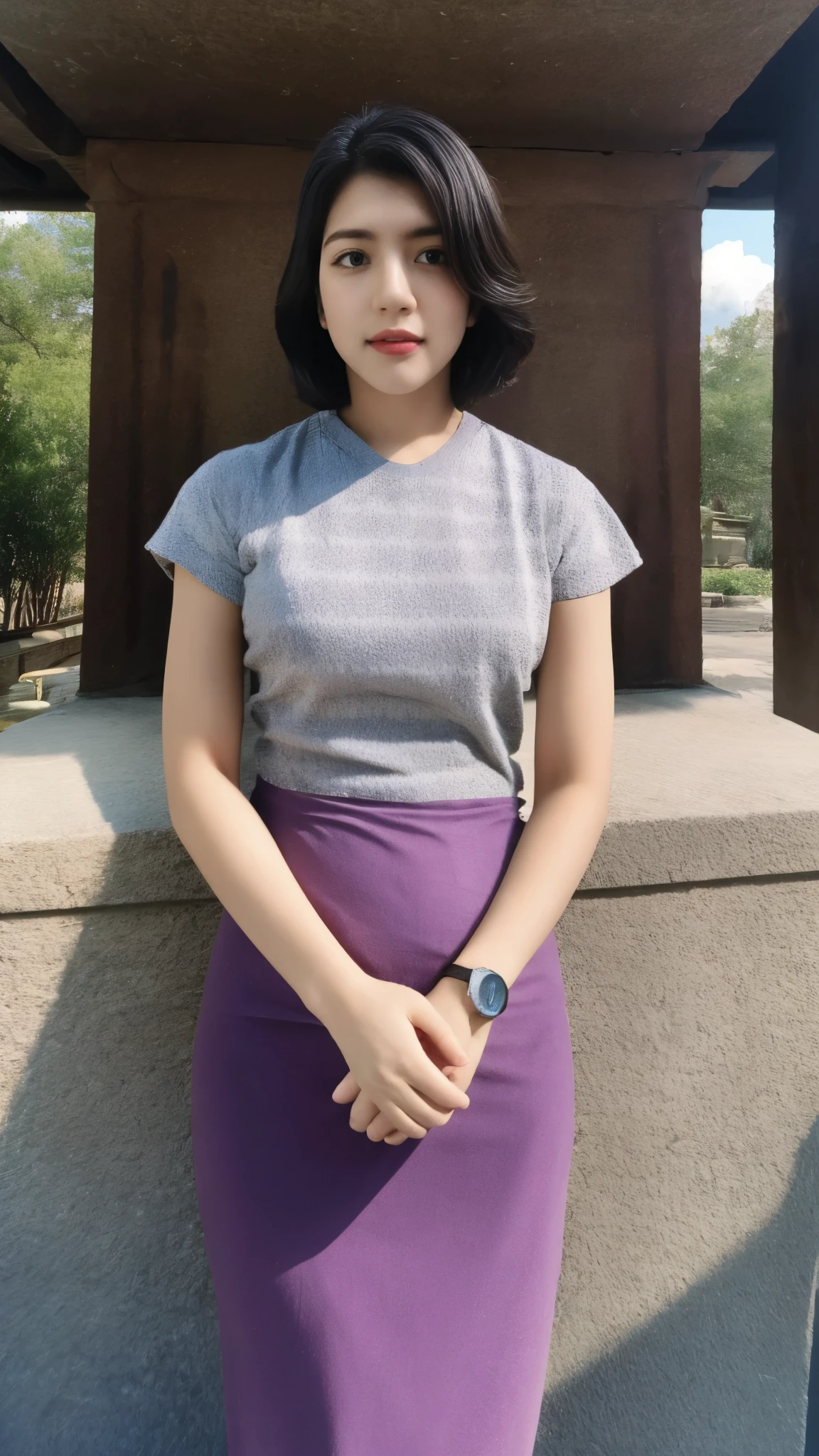 high-definition images, atmospheric perspective, 8k, super detail, accurate, best quality, angle from below, a woman, drooping eyes, sleepy face, blush,(floral purple dress),, necklace, standing portraits ,day scene, pagoda view, hair up, acmm's outfit, black acmm's top , black printed acmm's skirt,