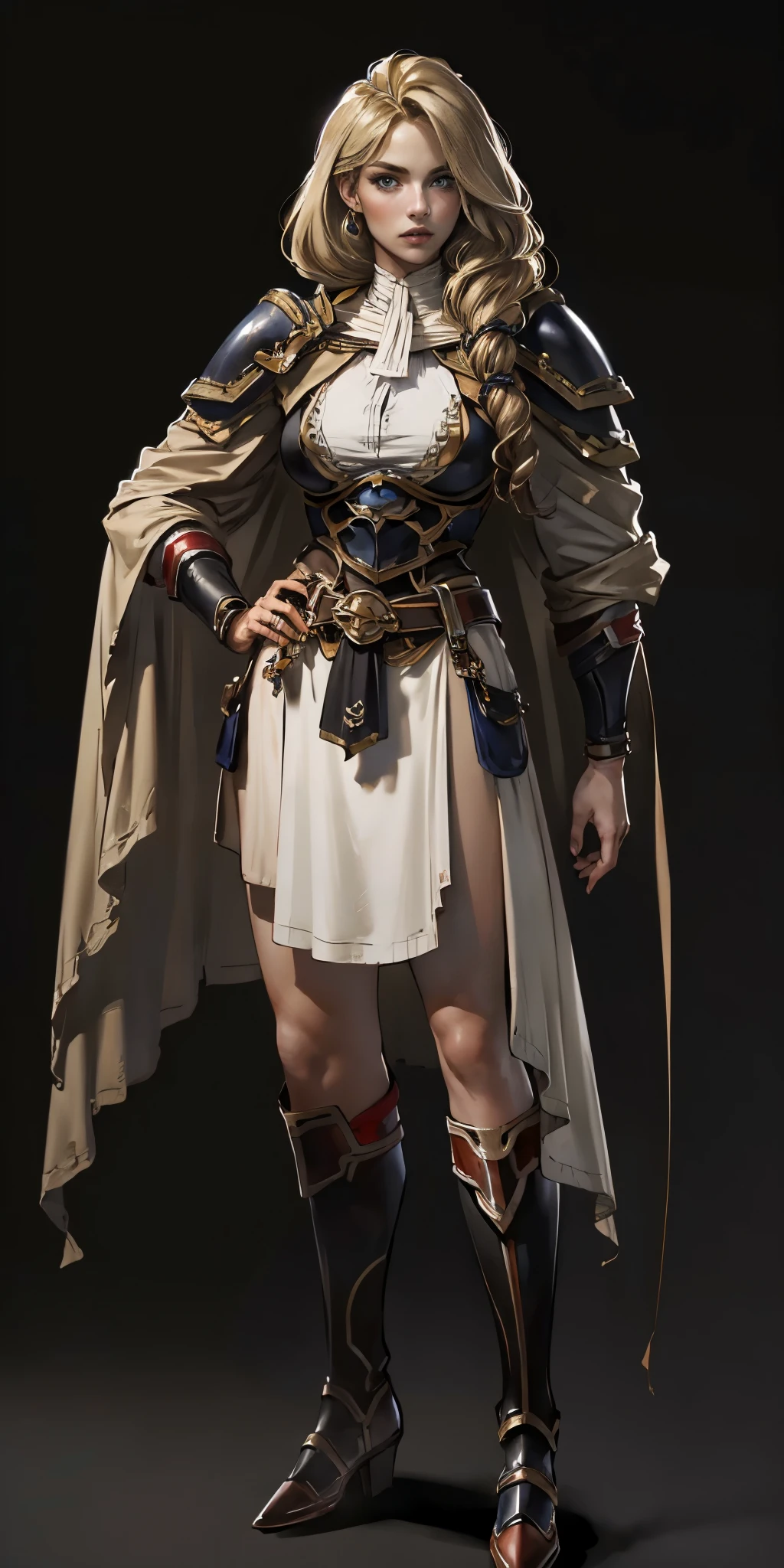 (masterpiece, best quality) (black background) full body standind straight symmetrical, FEMALE warrior princess Mercedez Von Martritz, twin big belt around waist, long curly blonde hair, very white skin, female wearing full body bikini armor with red cape, brown leather boots, adventurer outfit, veteran warrior milf bimbo