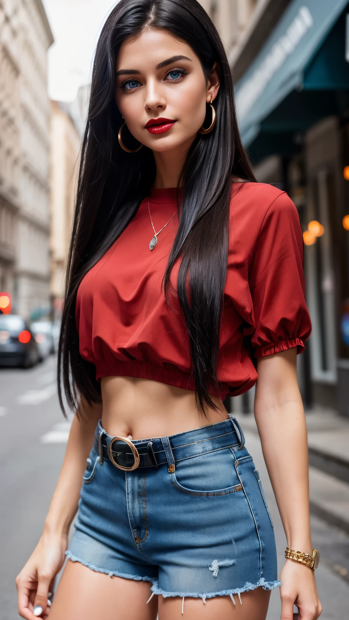 high quality, 8K Ultra HD, photography of a 1 Indonesian actrees (Maudy Ayunda), beautiful, short straight and thick hair, ponytails, stocky body, beautiful curves, tight red long-sleeved t-shirt, jeans, Allstars shoes, wearing a sling bag, full body photo, busy city, sharp focus, by yukisakura, awesome full color,