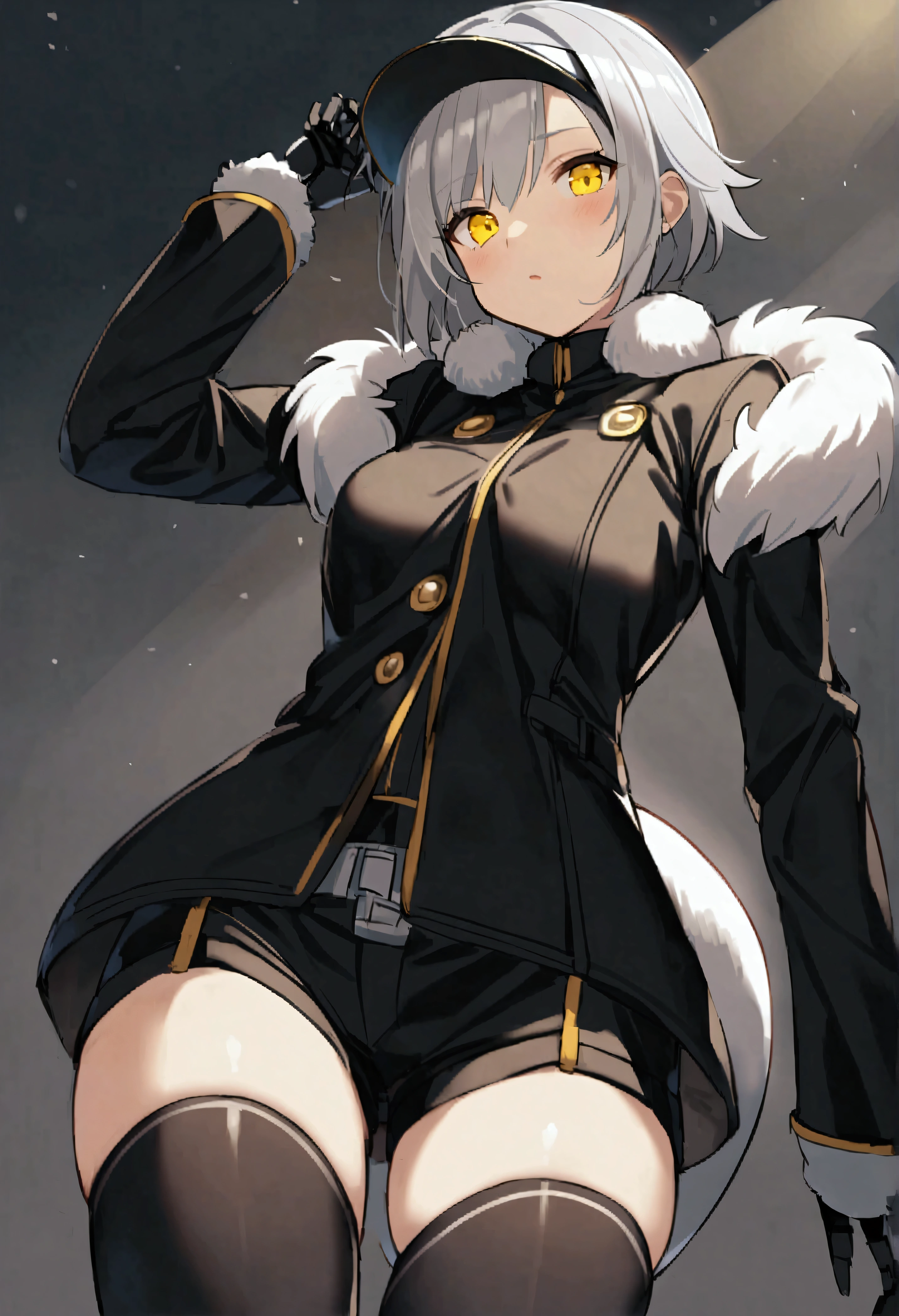 (sketch drawing), (ancient art style), (1 girl), (blushing cheeks), (fox ears), (gray hair), (thick fluffy hair), bangs, highlights, (light effect and shadow on hair), (medium hair), (coarse gray fur pallas cat coat), ((cold)), breasts, legs, thighs, (long sleeves)