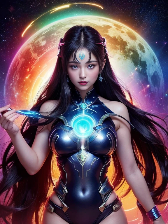 (Highest quality,4K,8k,High resolution,masterpiece:1.2),Very detailed,(Realistic,photoRealistic,photo-Realistic:1.37),Night Sky, Spiritual cosmic beings (Translucent woman:1.5), beautiful, whole body, Front facing, Medium Hair, Black Hair, Straight Hair, 18-year-old, Cybertic, With bangs, cyber punk, Fantasy, dream-like, Astronomical Diagram, 息を呑むほどbeautiful星空, Mysterious Galaxy, Sparkling constellations, Vivid nebulae, Swirling colors, Shining Moon, Shining Northern Lights, Fascinating Stardust, Otherworldly atmosphere, Heavenly brilliance, Infinite Expansion, Heavenly Beauty, Transcendent Existence, Seductive energy, celestial harmony, Heavenly Silence, Space Serenade, An ethereal whisper, Fascinating space dance, The Graciousness of God, Heavenly brilliance, space magic,