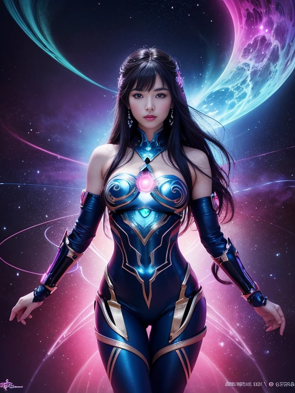 "Create an image of Taliyah in her Cosmic skin from League of Legends by Riot Games, dressed in an ethereal, cosmic-themed outfit with shimmering stars and her glowing rock gloves, have massive k-cups, in a vast, star-filled universe with swirling galaxies and nebulae."

