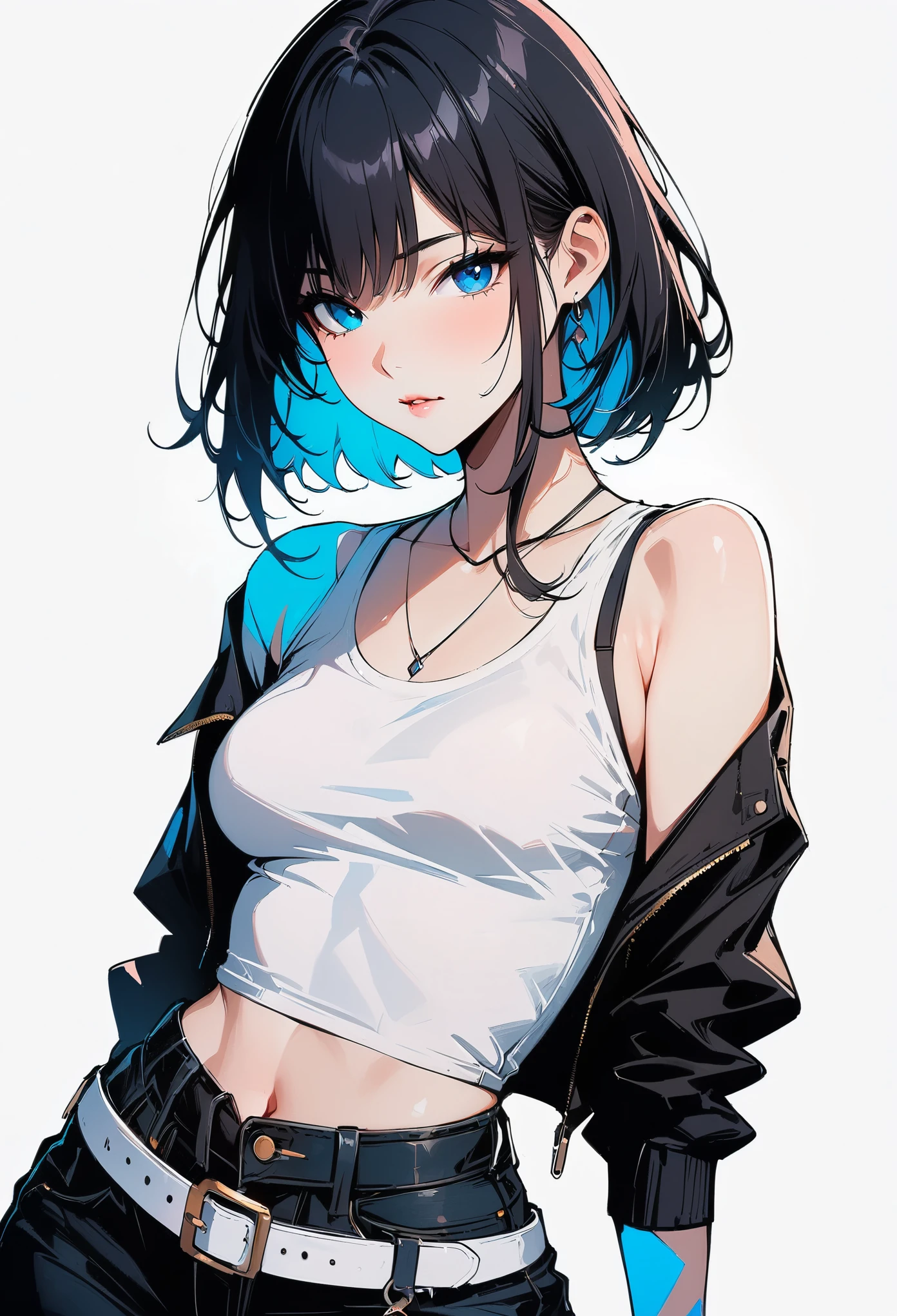 (best qualtiy, Masterpiece), (Cool handsome girl , 1girll , Solo, " Short hair girl,Mullet head,Handsome girl,looks into camera,Cold girl,mullet haircut,messy hair,Black and blue hair,Sport Tank Top,Black jacket,Smoking,Cross your hands over your chest