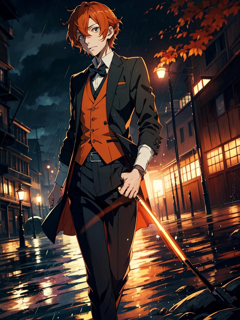 1boy, handsome, Chuuya, Bungo Stray dogs, Orange hair, a style outfit, night, rain, firefly, dark, smoke, working